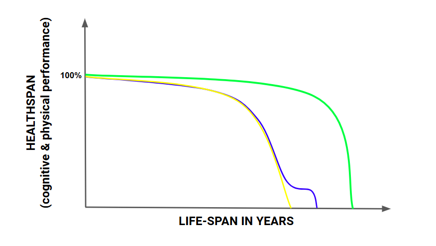 graph showing healthspan & lifespan with the difference between typical aging vs conventional treatments vs health optimization  